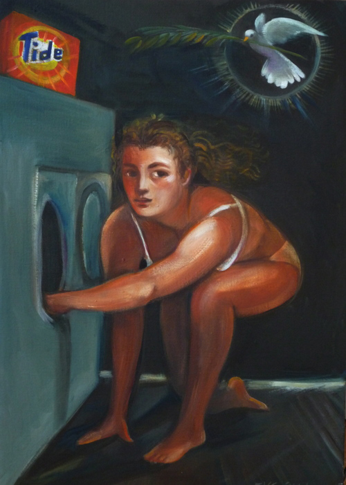 A domestic goddess placing laundry in a machine under a dove with olive branch courtesy of Edie Vonnegut